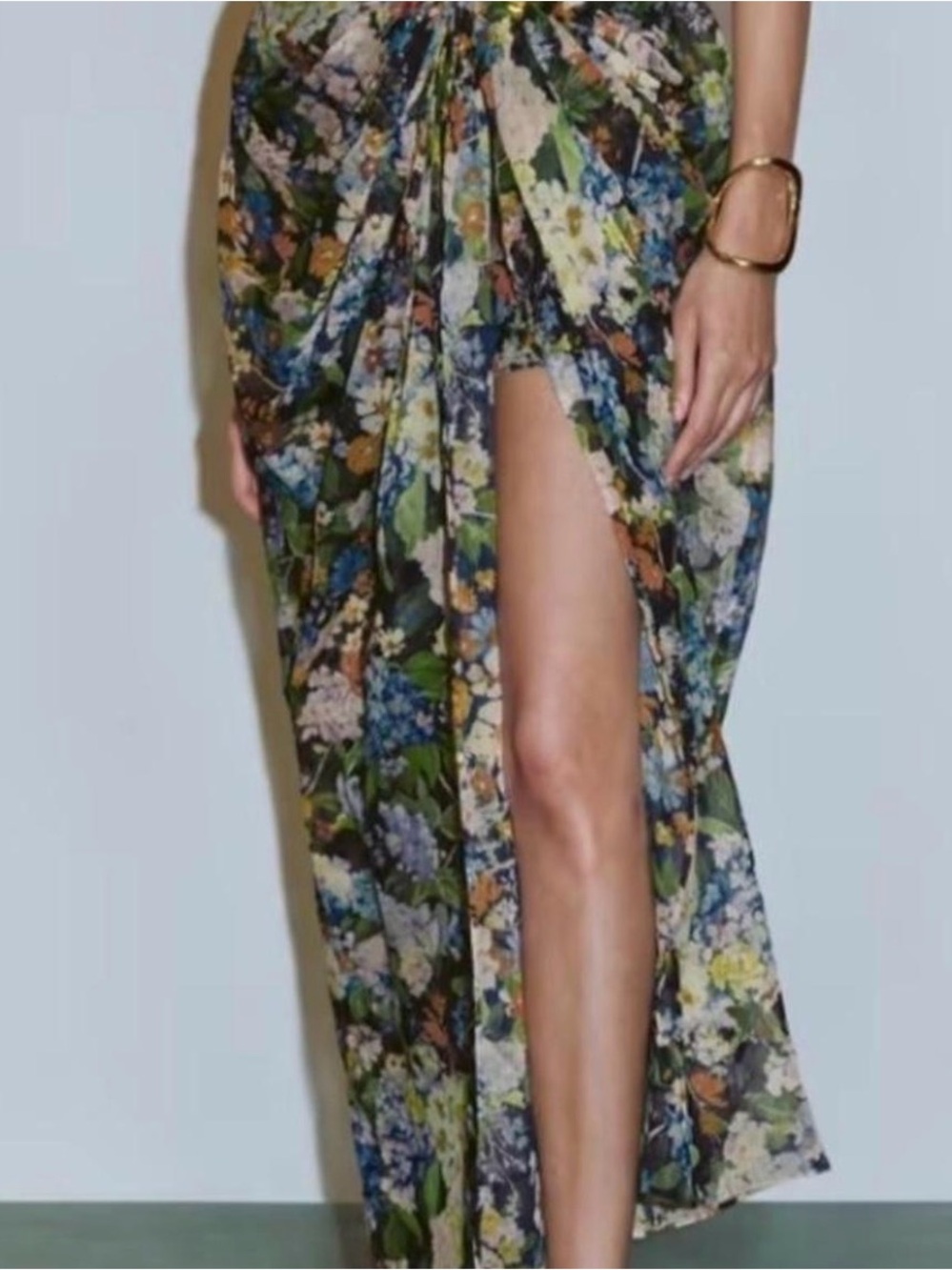 Botanical High-Slit Maxi Skirt in Green Multi